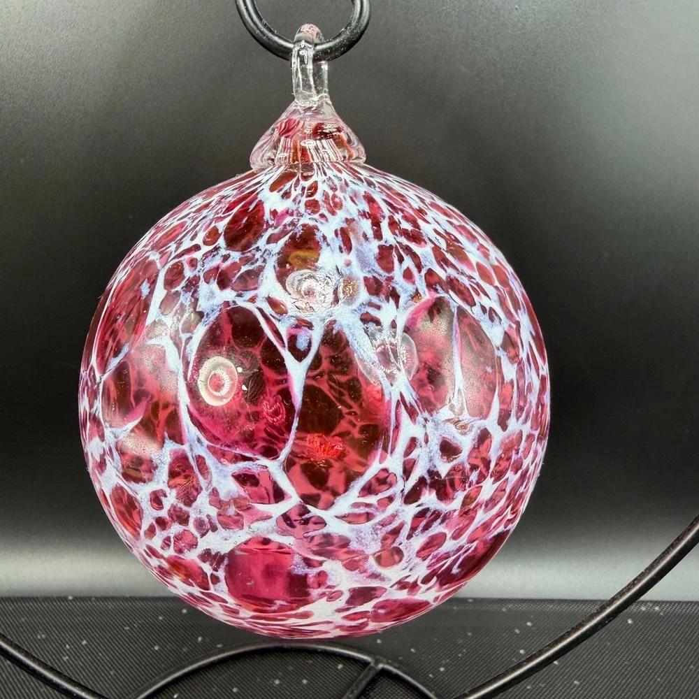 Hand Blown Glass Friendship Ball Ornament Pink‎ White Speckled Heart Stand VTG